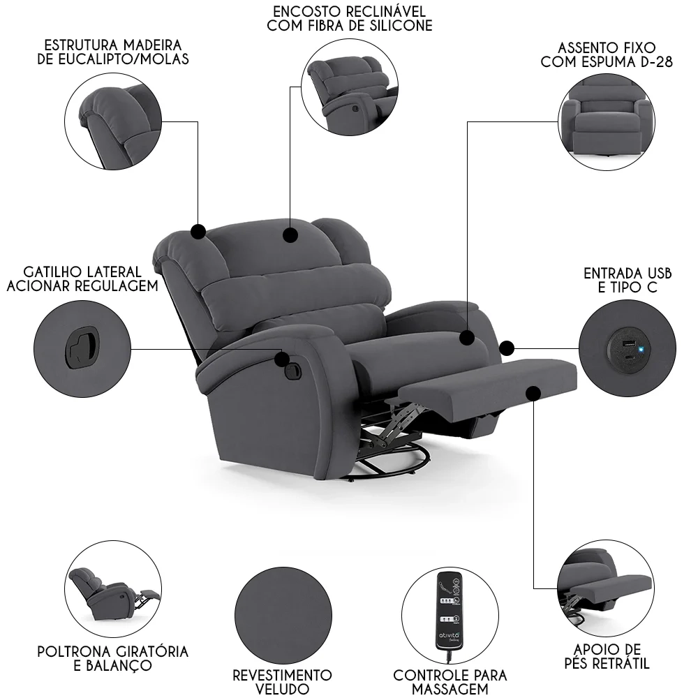 Poltrona do Papai Reclinável Kalie Glider Giratória Massagem FH9 Veludo Cinza - Mpozenato