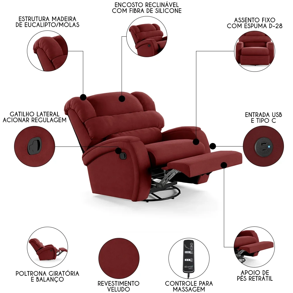 Poltrona do Papai Reclinável Kalie Glider Giratória Massagem FH9 Veludo Vermelho - Mpozenato