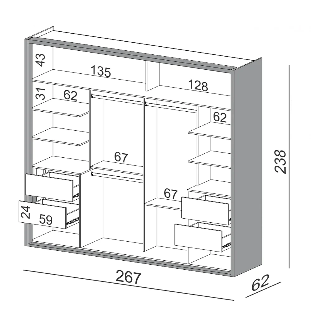 Guarda Roupa Casal 267cm 2 Portas de Correr 100% MDF TW603 Freijó/Off White - Dalla Costa
