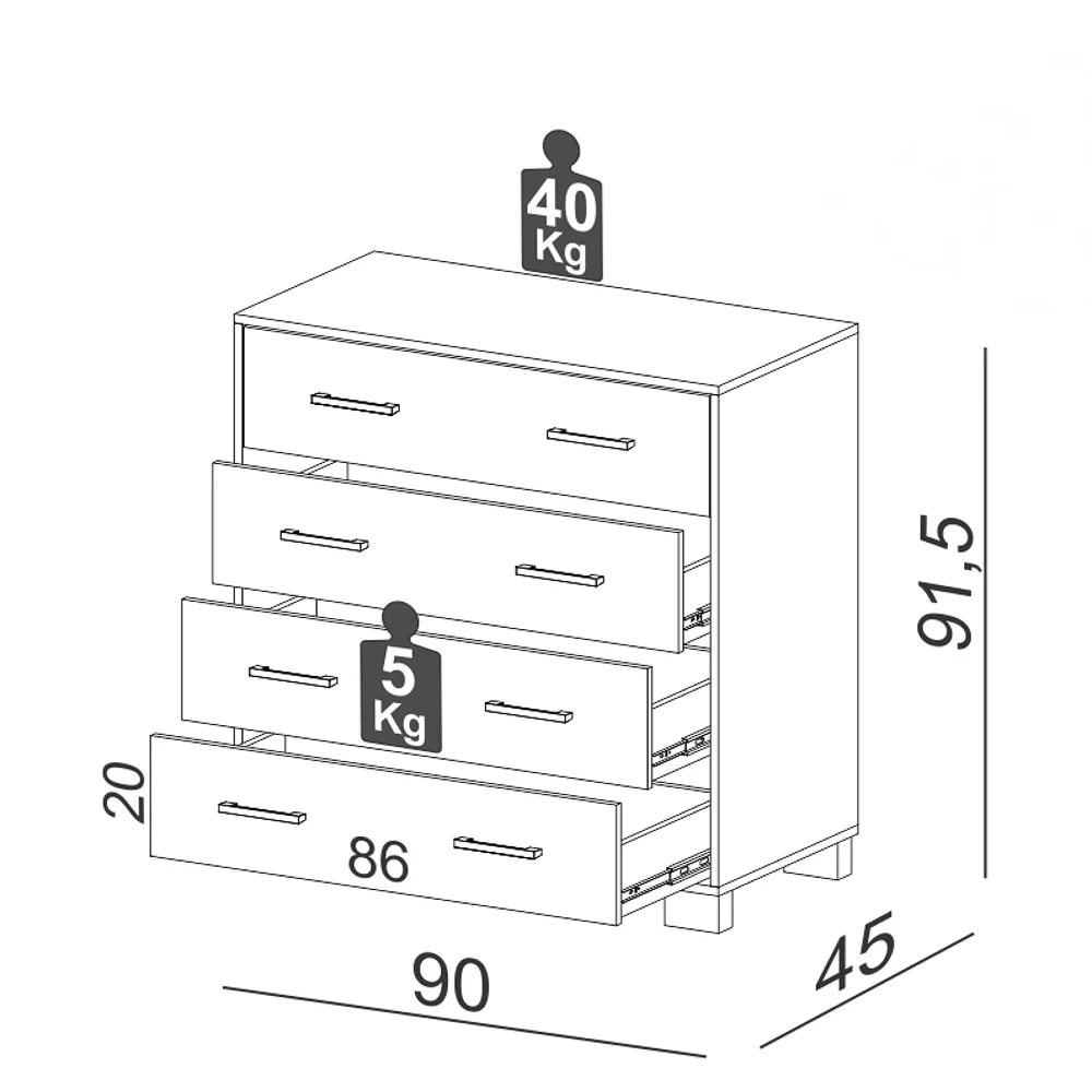 Cômoda 90cm 4 Gavetas 100% MDF W344 Freijó/Off White - Dalla Costa