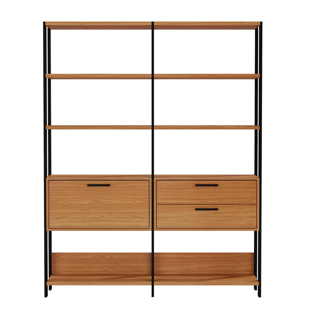 Estante Alta Estilo Industrial 1 Porta 2 Gavetas E92 Freijó/Preto Fosco - Pradel