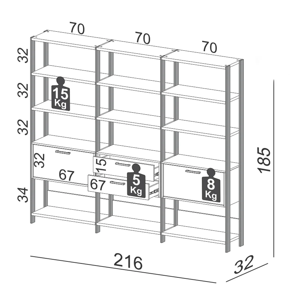 Estante Alta Estilo Industrial 2 Portas 2 Gavetas E93 Freijó/Preto Fosco - Pradel