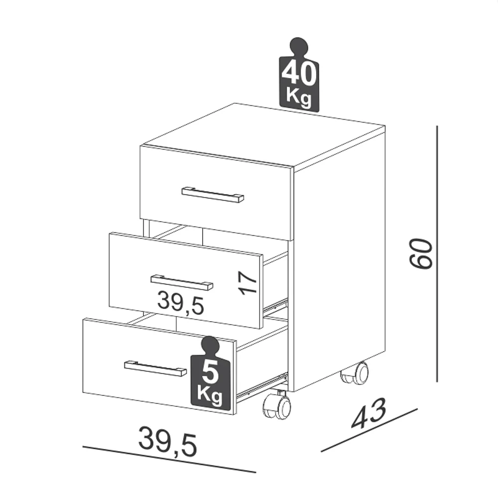 Gaveteiro Com Rodízios 3 Gavetas Estilo Industrial F16 Freijó - Pradel