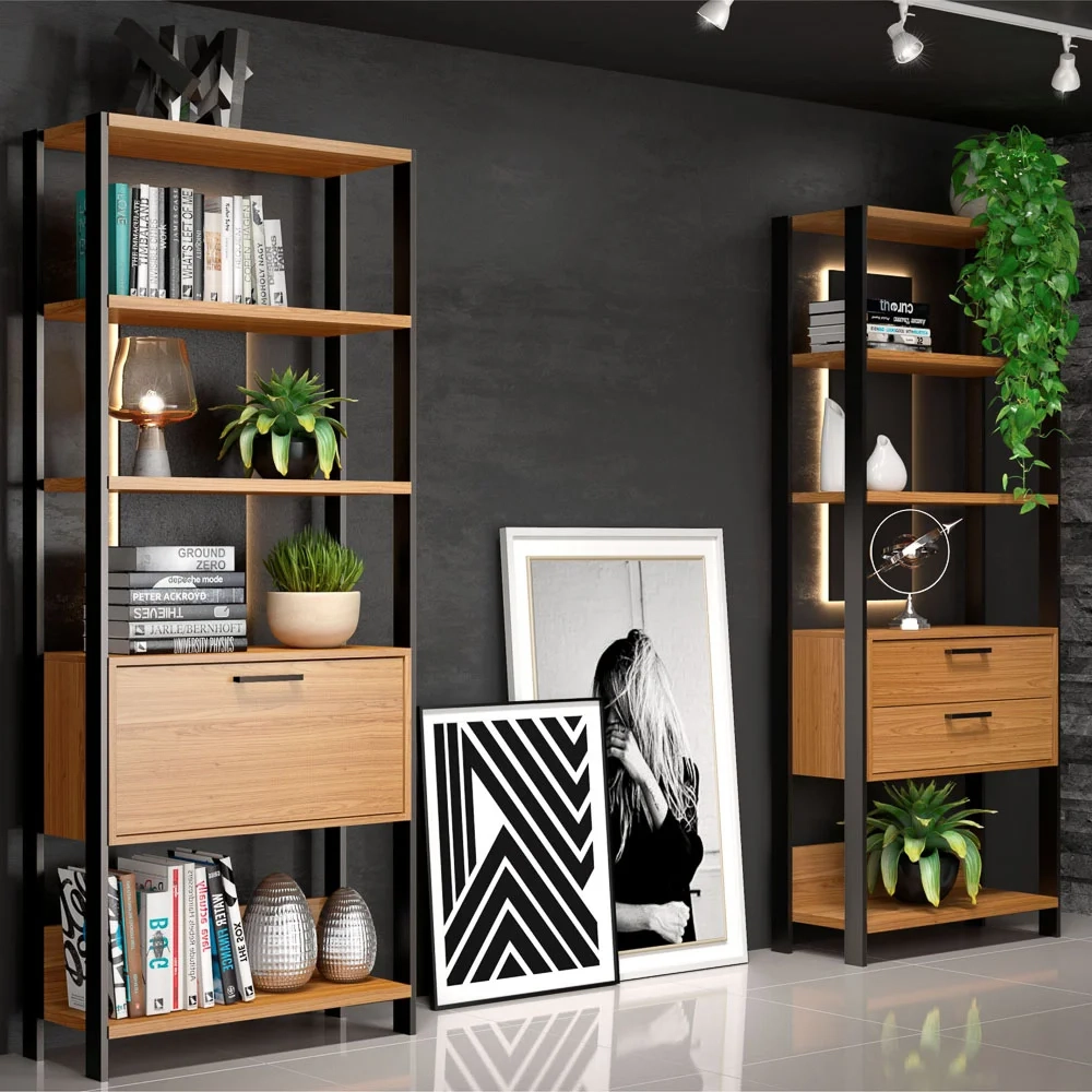 Estante Alta Estilo Industrial 2 Gavetas E91 Freijó/Preto Fosco - Pradel