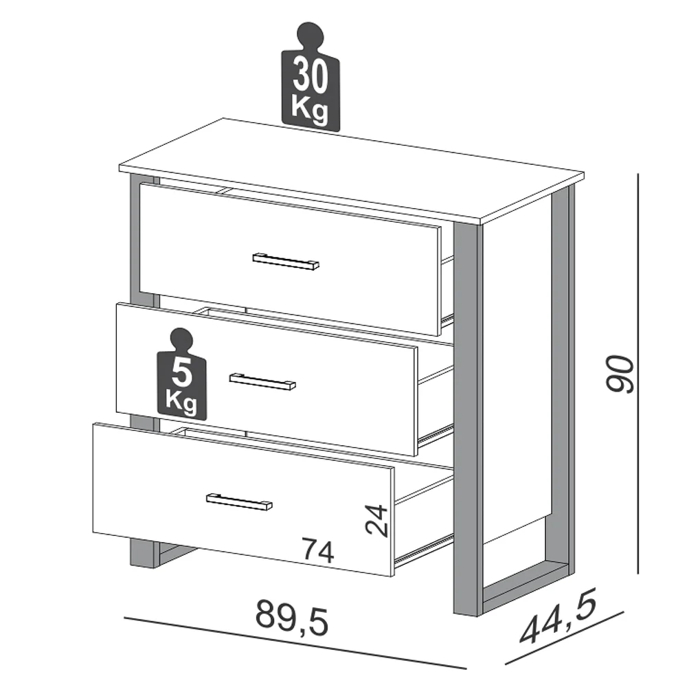 Cômoda Para Quarto Estilo Industrial 3 Gavetas F38 Freijó/Preto Fosco - Pradel