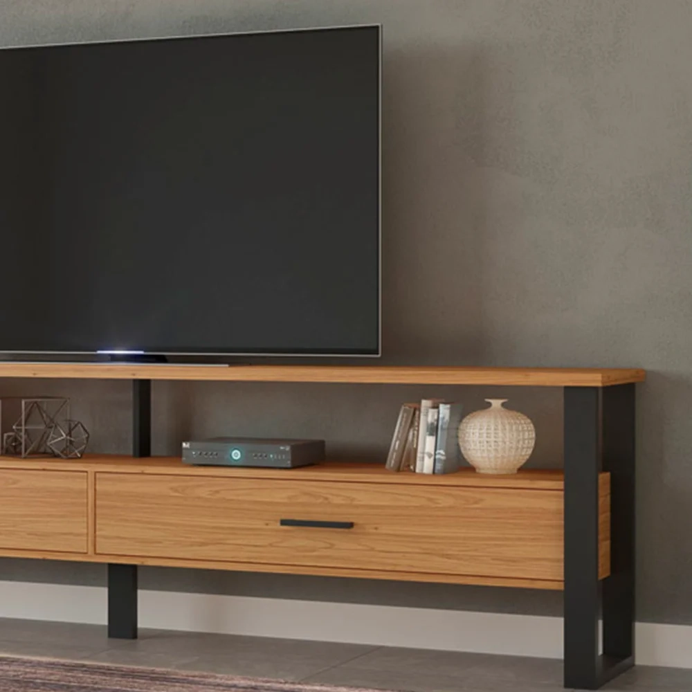Rack Para TV Até 65 Pol. Estilo Industrial 2 Gavetas F43 Freijó/Preto Fosco - Pradel