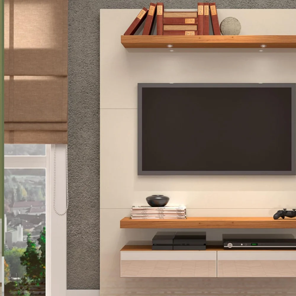 Painel Bancada Suspensa Para TV Até 55 Pol. TB106E Com LED 2 Gavetas Off White/Freijó - Pradel