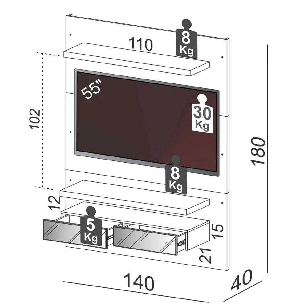 Painel Bancada Suspensa Para TV Até 55 Pol. TB106E Com LED 2 Gavetas Off White/Freijó - Pradel