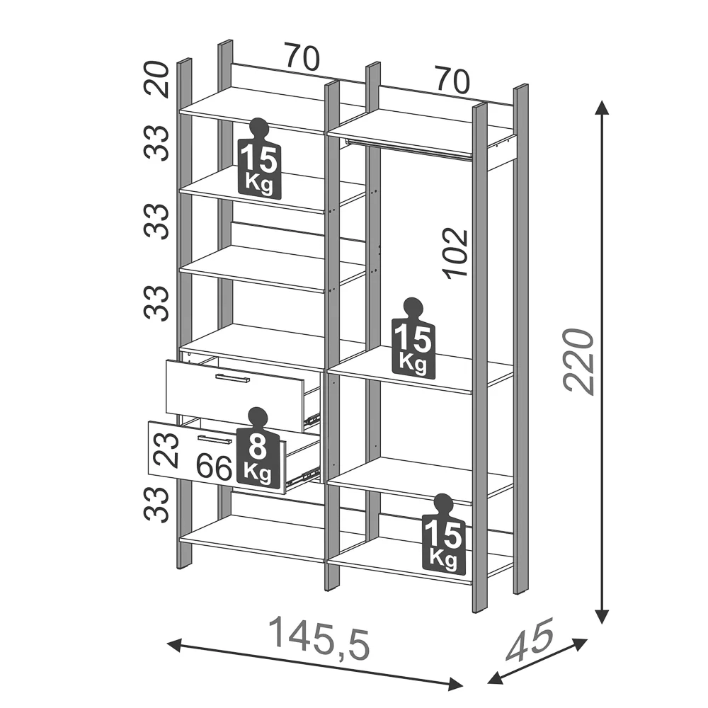 Guarda Roupa Closet Industrial 145cm 100% MDF TW403 Freijó/Preto Fosco - Pradel