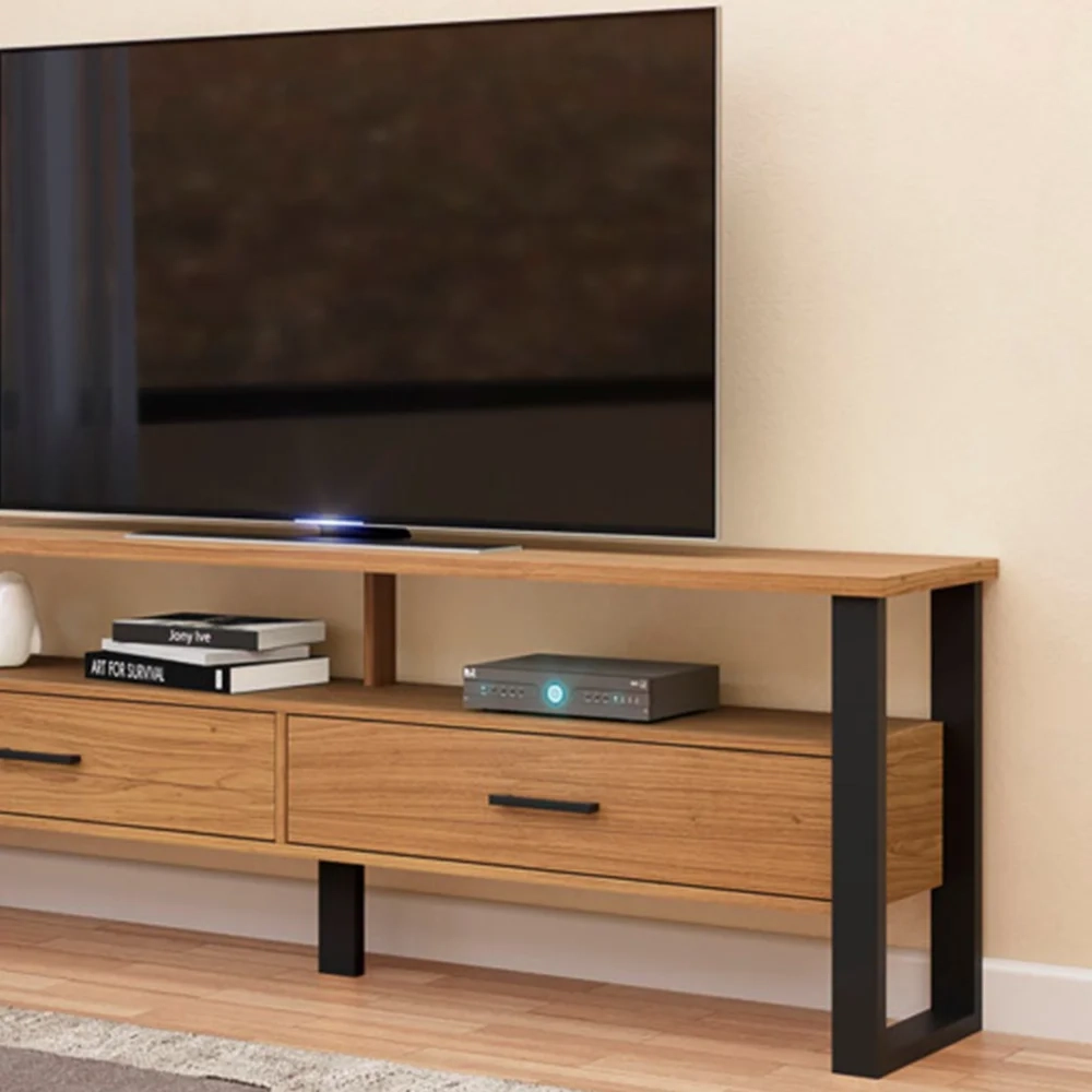 Rack Para TV Até 60 Pol. Estilo Industrial 2 Gavetas F42 Freijó/Preto Fosco - Pradel