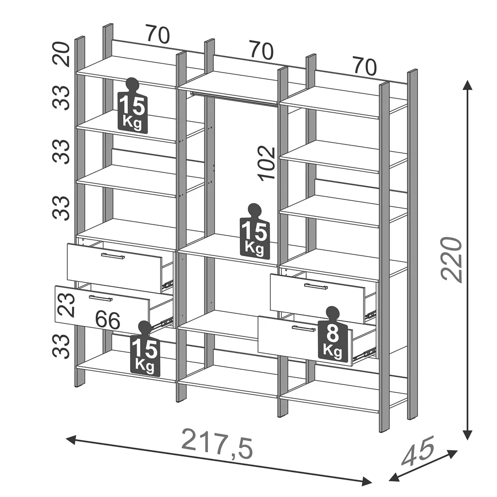 Guarda Roupa Closet Industrial 217cm 4 Gavetas 100% MDF TW404 Freijó/Preto Fosco - Pradel