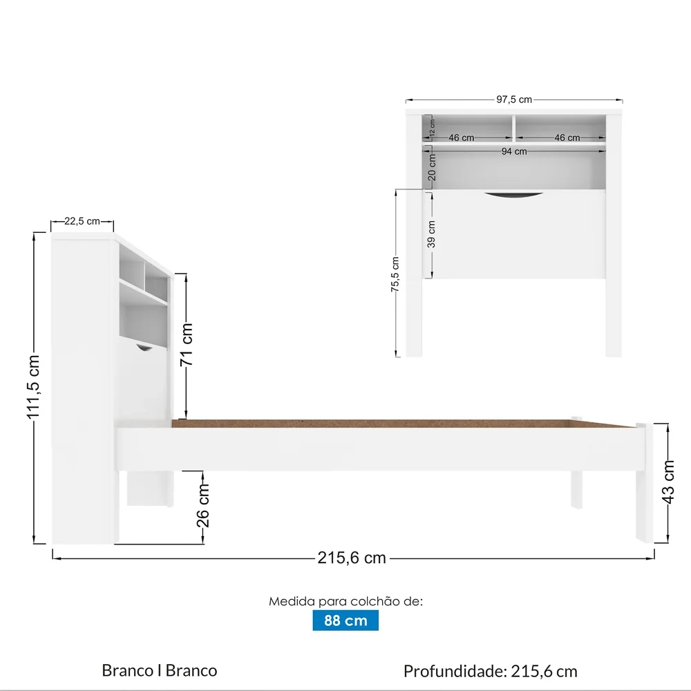Cama Solteiro Baú Com Nicho Invicta Branco - Santos Andirá