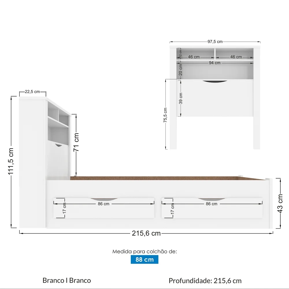 Cama Solteiro Baú Com Nicho 2 Gavetas Invicta Branco - Santos Andirá