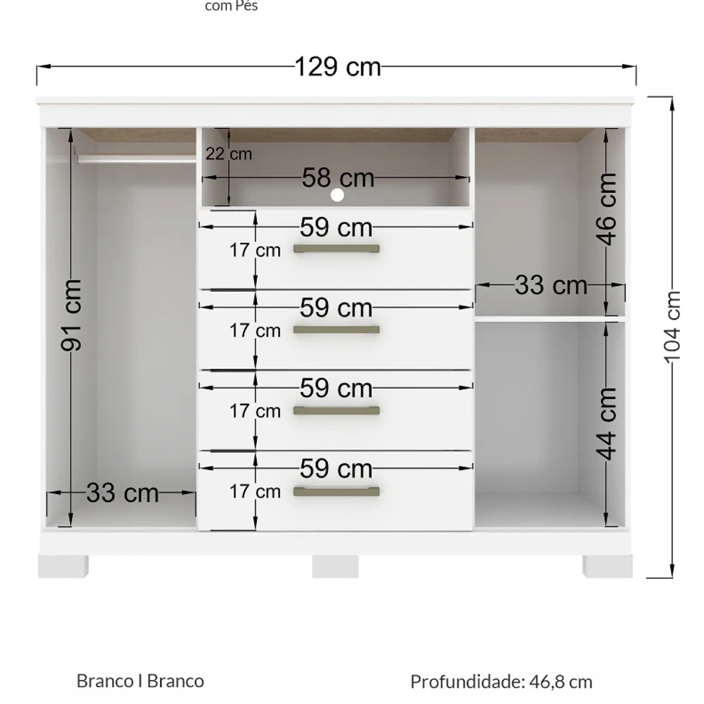 Cômoda Para Quarto 2 Portas 4 Gavetas Master Branco - Santos Andirá