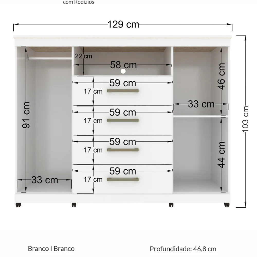 Cômoda Com Rodízios 2 Portas 4 Gavetas Master Branco - Santos Andirá