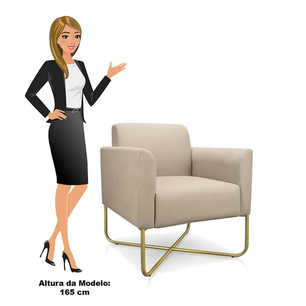 Poltrona Decorativa Base Industrial X Dourada Maressa S03 Suede Bege - Ibiza