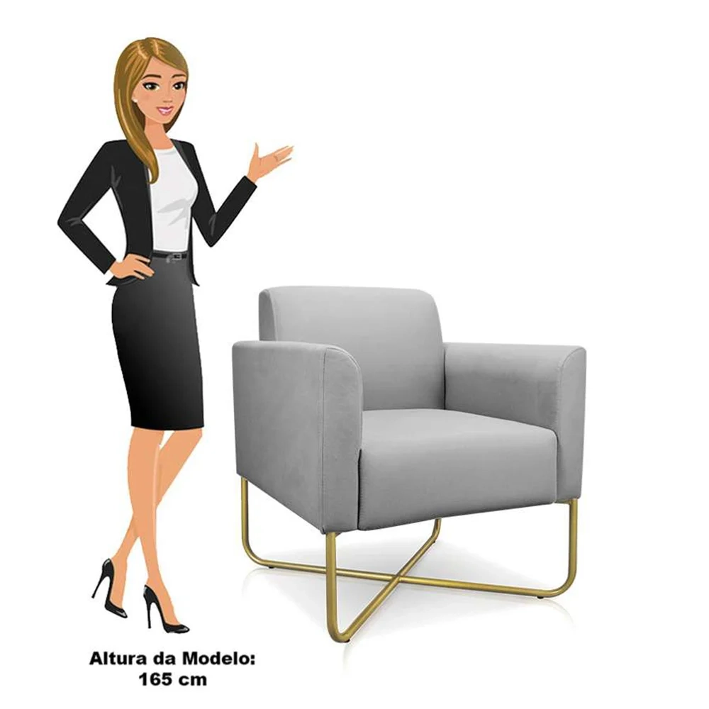 Poltrona Decorativa Base Industrial X Dourada Maressa S10 Suede Cinza - Ibiza