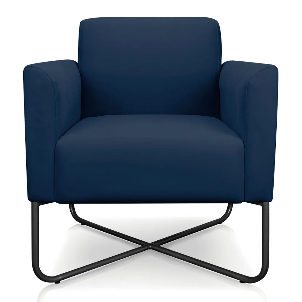 Poltrona Decorativa Base Industrial X Preta Maressa S01 Suede Azul Marinho - Ibiza