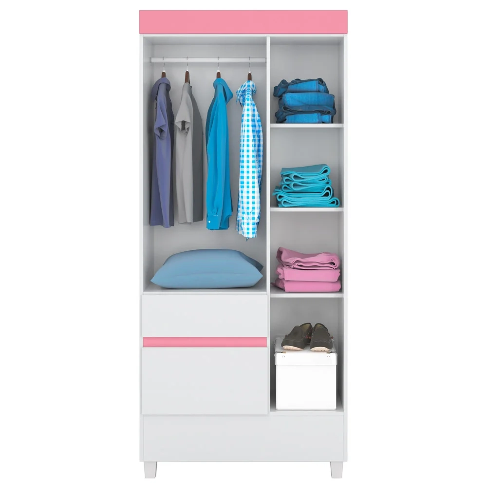 Guarda Roupa Flex 3 Portas 2 Gavetas Wind D02 Branco/Rosa/Branco - Mpozenato
