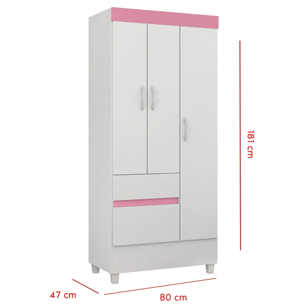 Guarda Roupa Flex 3 Portas 2 Gavetas Wind D02 Branco/Rosa/Branco - Mpozenato