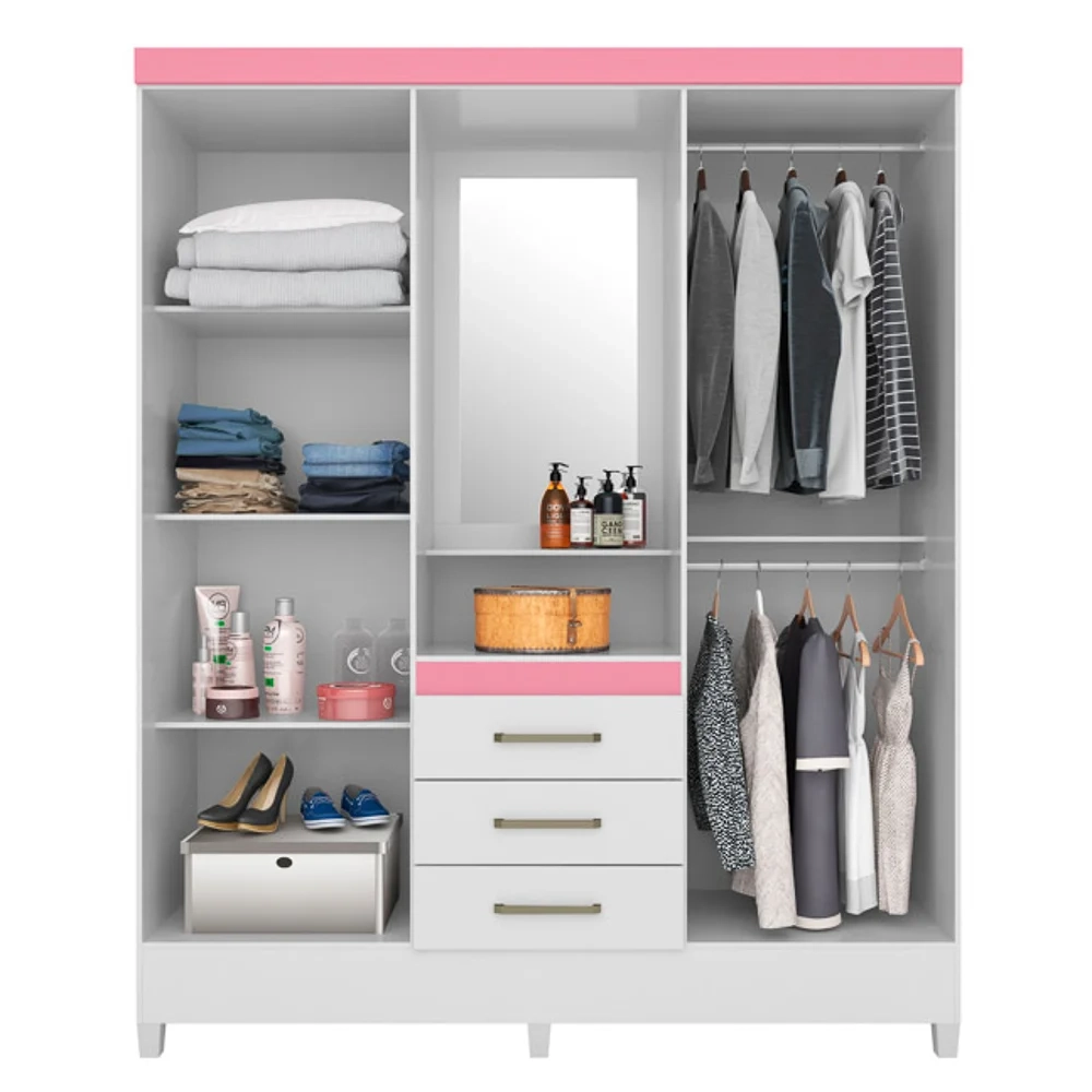 Guarda Roupa Capelinha Flex 4 Portas 3 Gavetas Persia D02 Branco/Rosa/Branco - Mpozenato