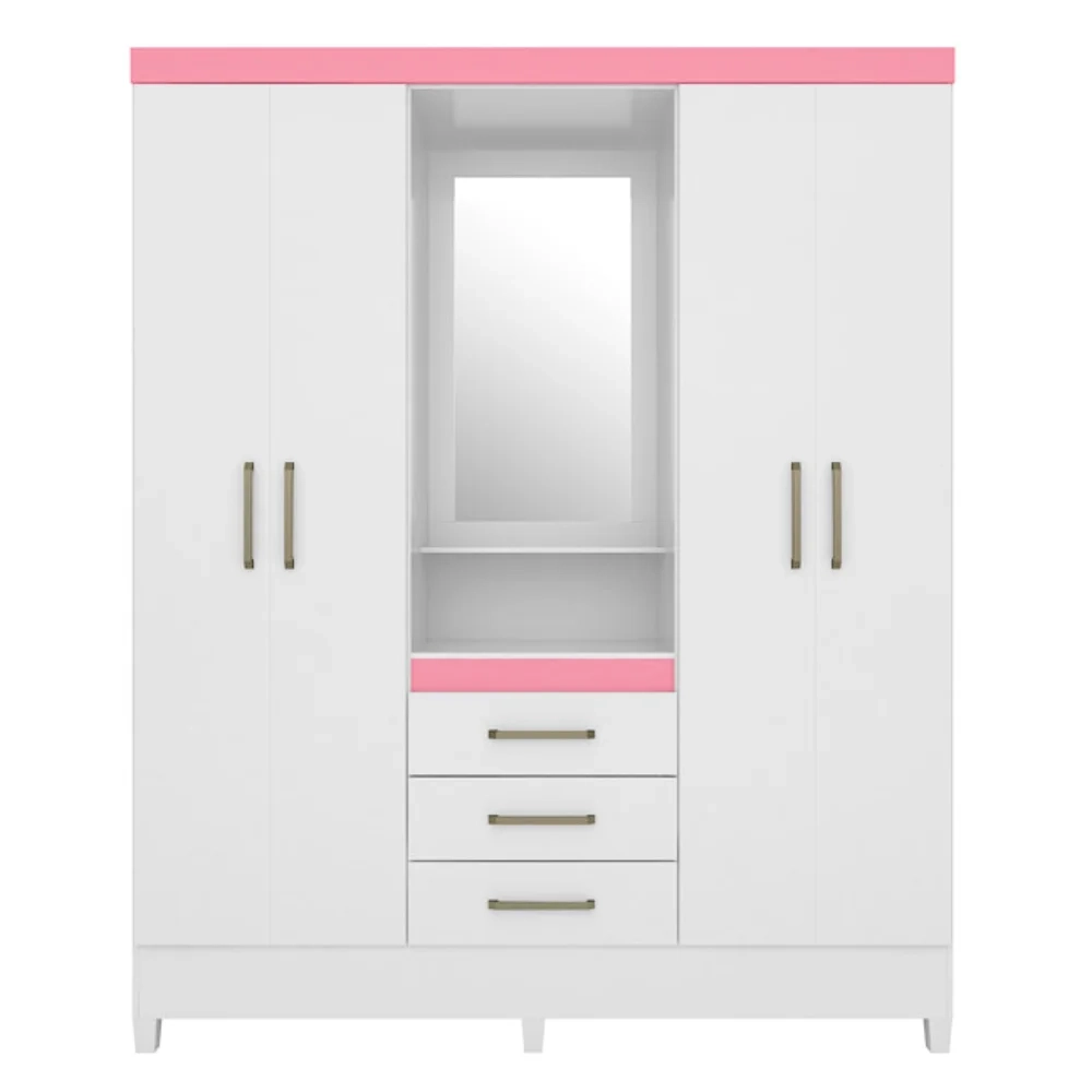 Guarda Roupa Capelinha Flex 4 Portas 3 Gavetas Persia D02 Branco/Rosa/Branco - Mpozenato