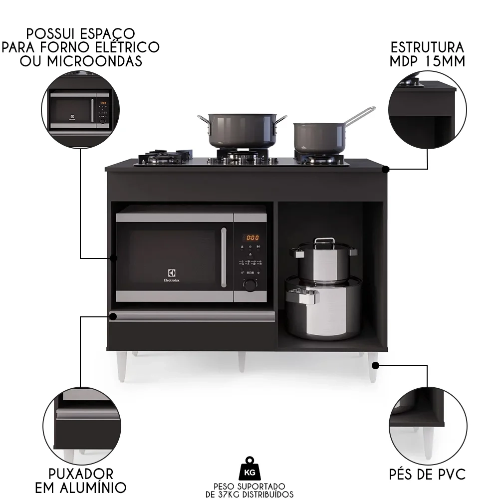 Balcão Multiuso para Cooktop 4 Bocas Georgia Preto - Lumil Móveis
