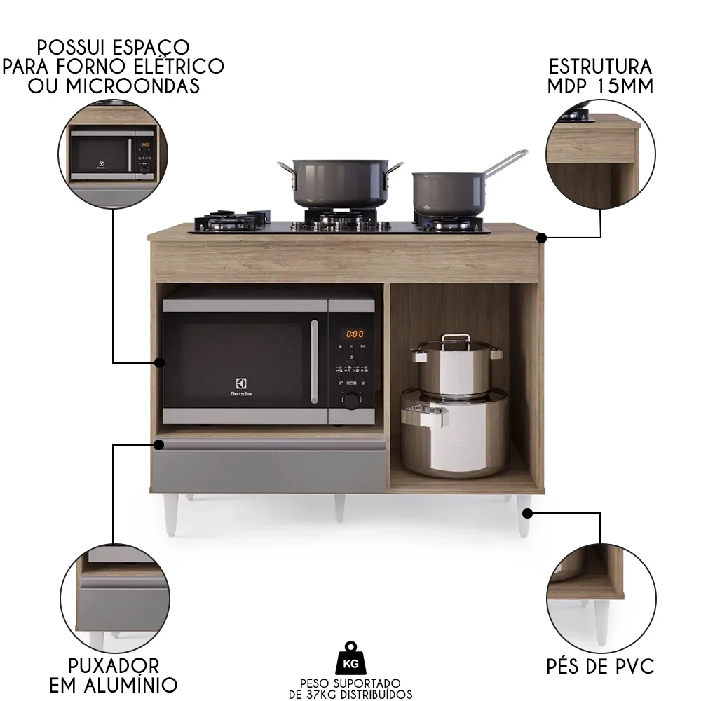 Balcão Multiuso para Cooktop 4 Bocas Georgia Castanho/Cinza - Lumil Móveis