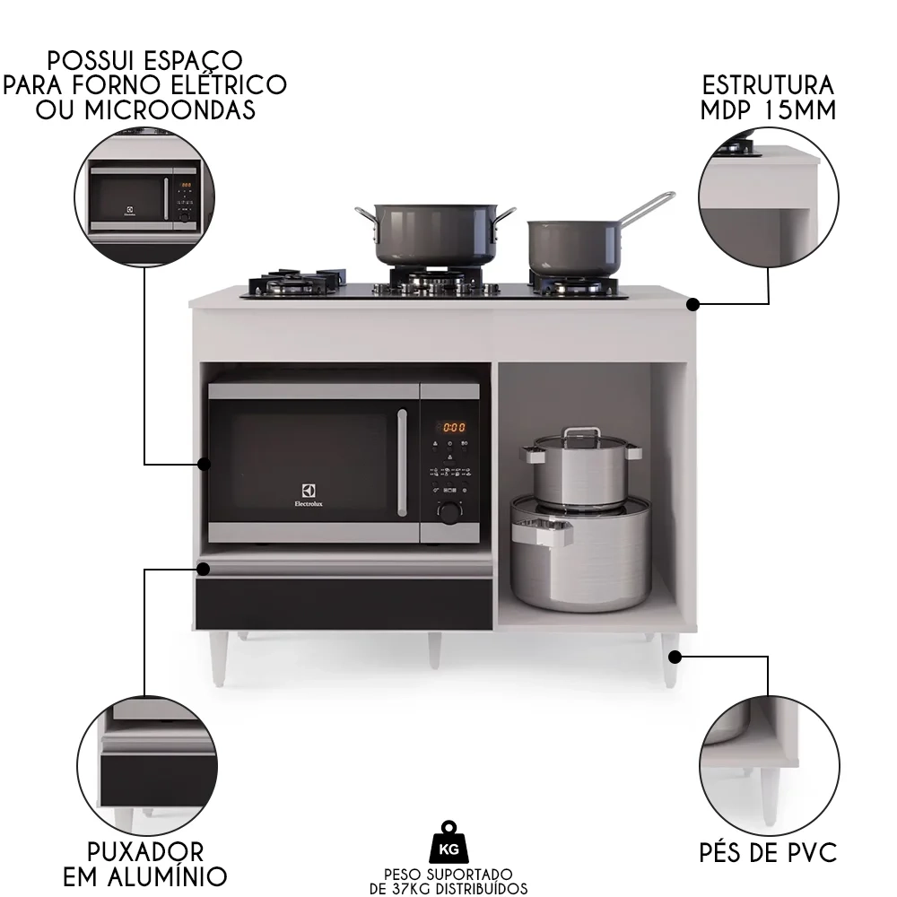 Balcão Multiuso para Cooktop 4 Bocas Georgia Branco/Preto - Lumil Móveis