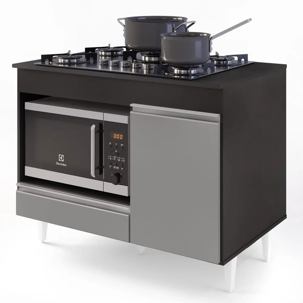 Balcão Multiuso para Cooktop 4 Bocas Georgia Preto/Cinza - Lumil Móveis