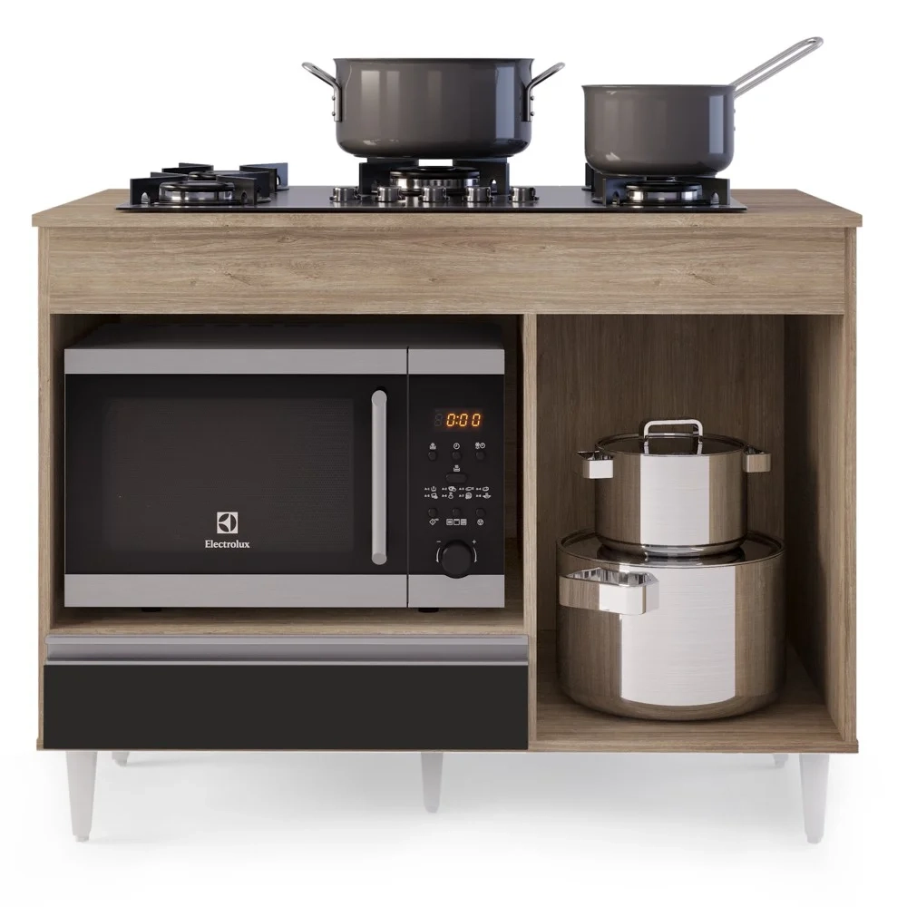 Balcão Multiuso para Cooktop 4 Bocas Georgia Castanho/Preto - Lumil Móveis