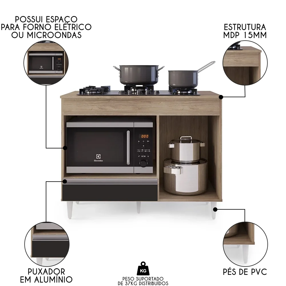 Balcão Multiuso para Cooktop 4 Bocas Georgia Castanho/Preto - Lumil Móveis