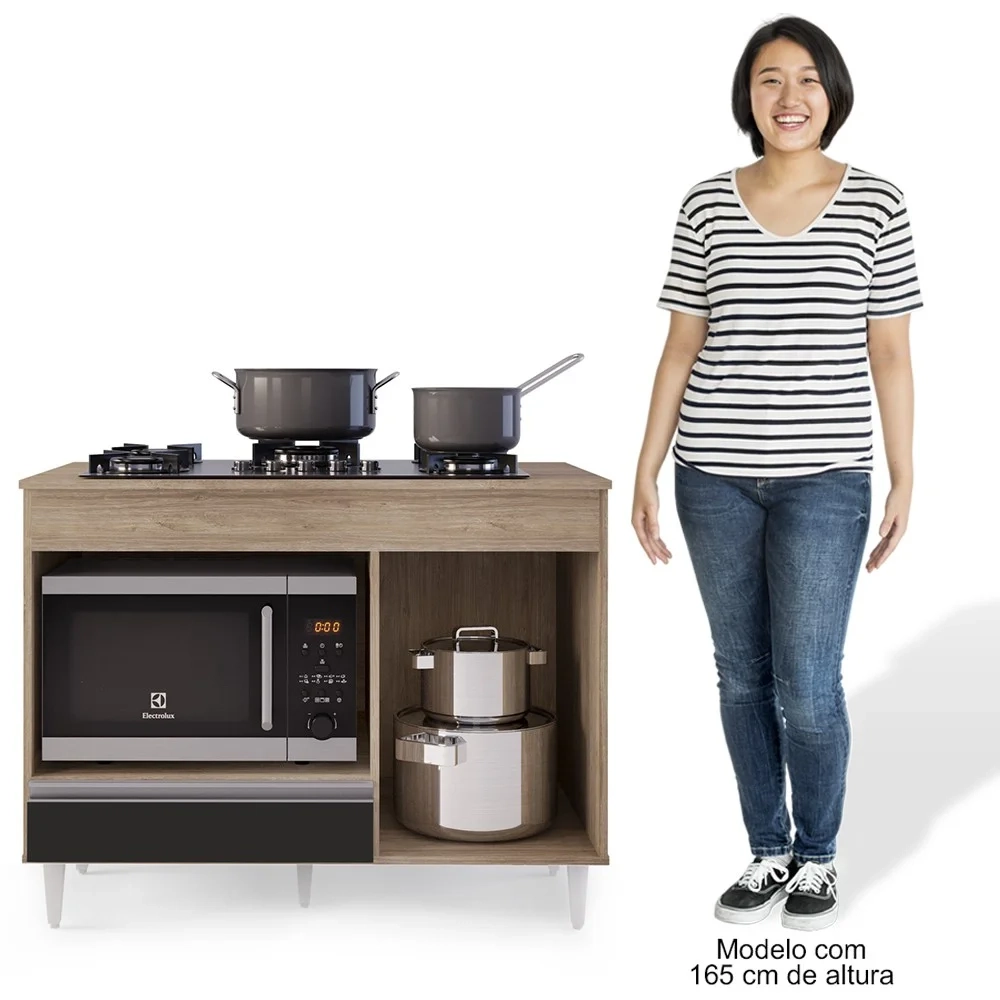 Balcão Multiuso para Cooktop 4 Bocas Georgia Castanho/Preto - Lumil Móveis