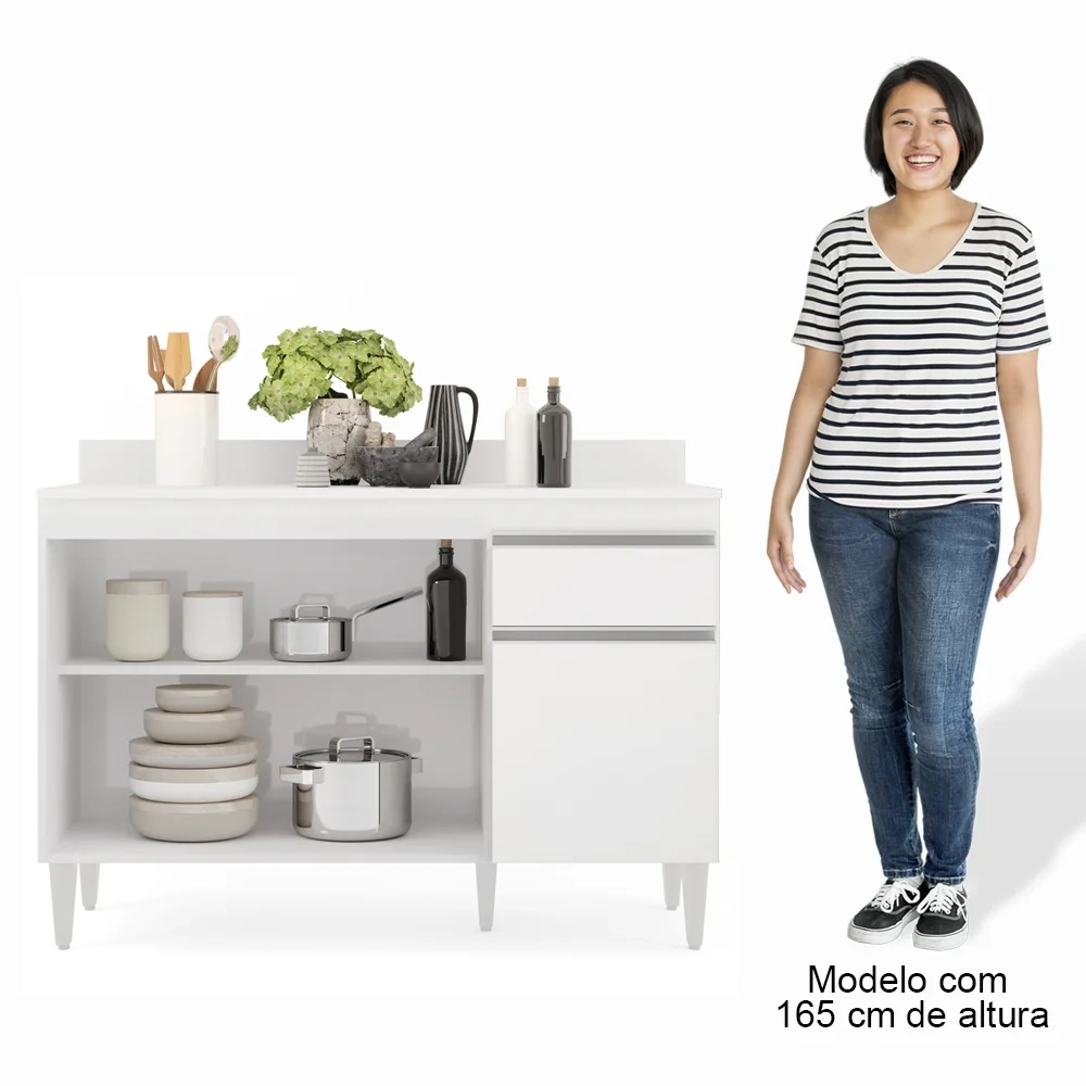 Balcão Gabinete 120cm Com Tampo 3 Portas 1 Gaveta Arizona Branco - Lumil Móveis