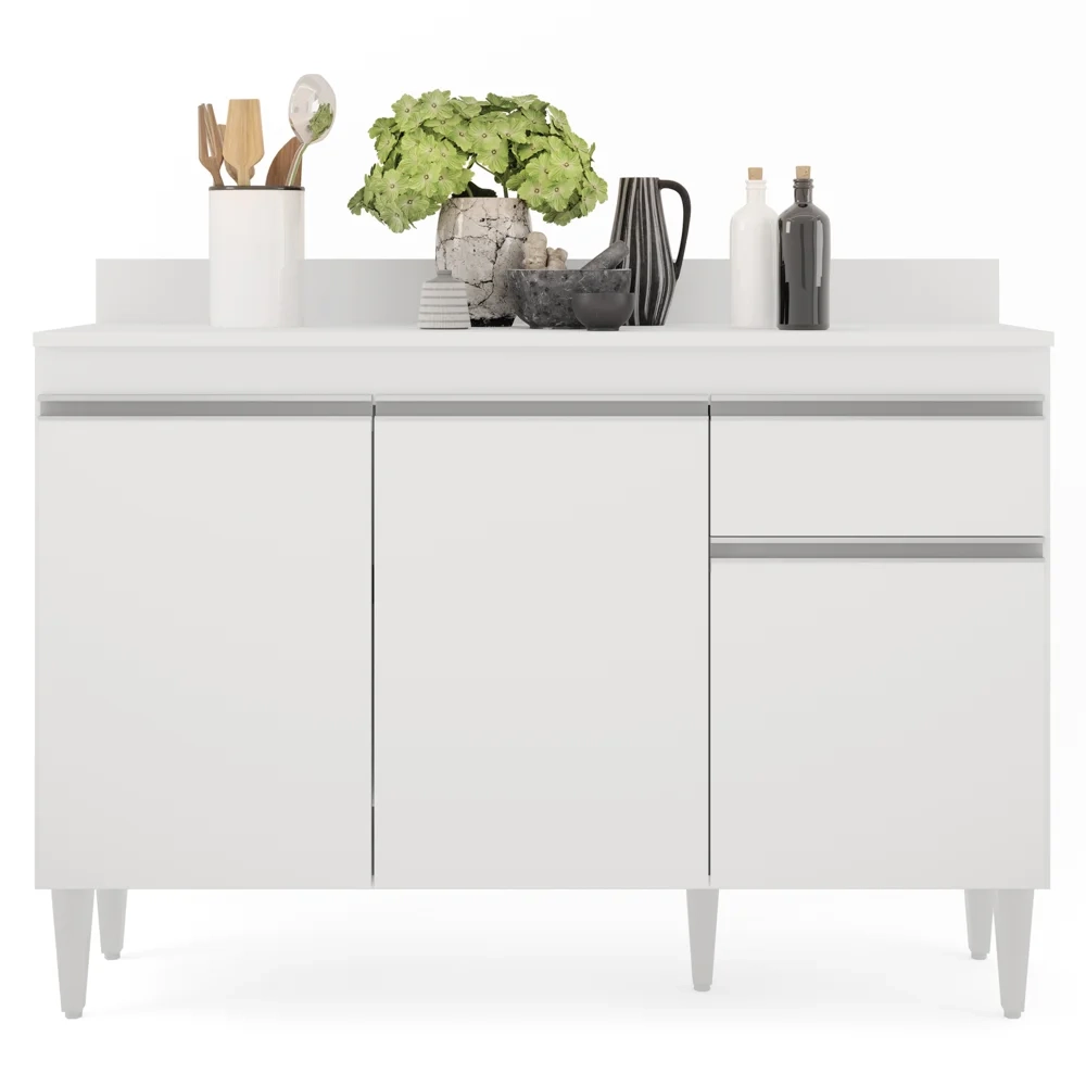 Balcão Gabinete 120cm Com Tampo 3 Portas 1 Gaveta Arizona Branco - Lumil Móveis