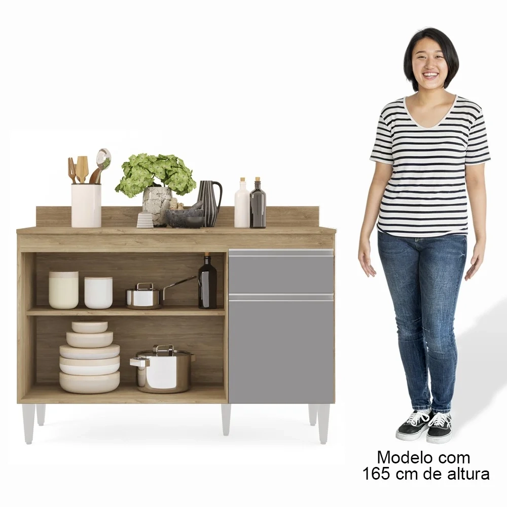 Balcão Gabinete 120cm Com Tampo 3 Portas 1 Gaveta Arizona Castanho/Cinza - Lumil Móveis