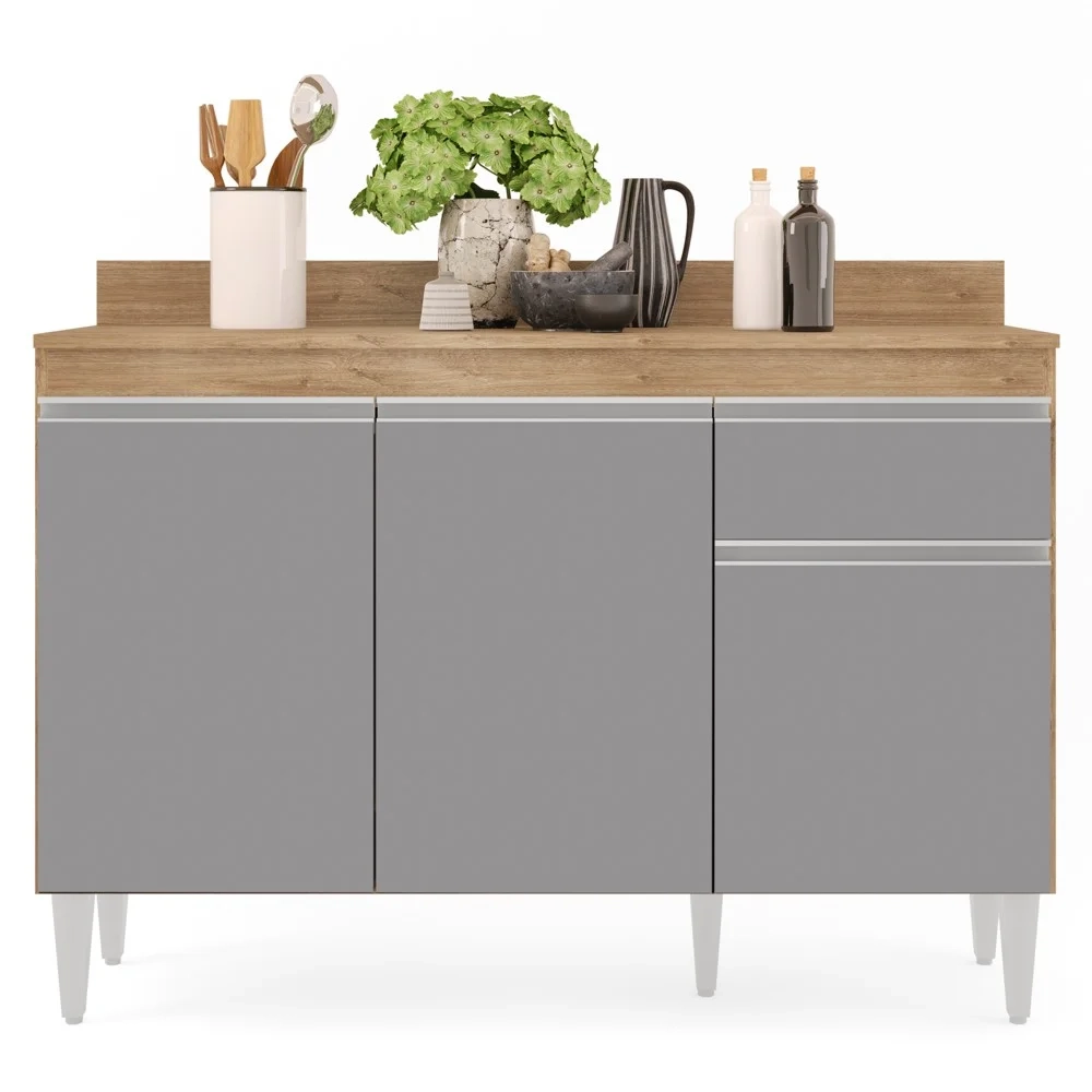 Balcão Gabinete 120cm Com Tampo 3 Portas 1 Gaveta Arizona Castanho/Cinza - Lumil Móveis