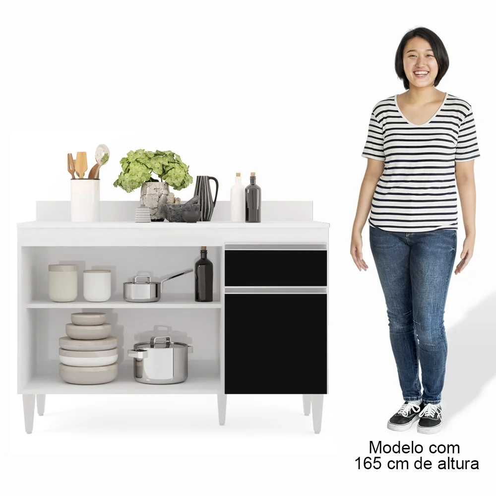 Balcão Gabinete 120cm Com Tampo 3 Portas 1 Gaveta Arizona Branco/Preto - Lumil Móveis