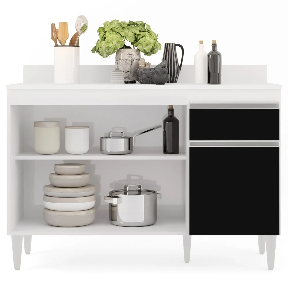 Balcão Gabinete 120cm Com Tampo 3 Portas 1 Gaveta Arizona Branco/Preto - Lumil Móveis