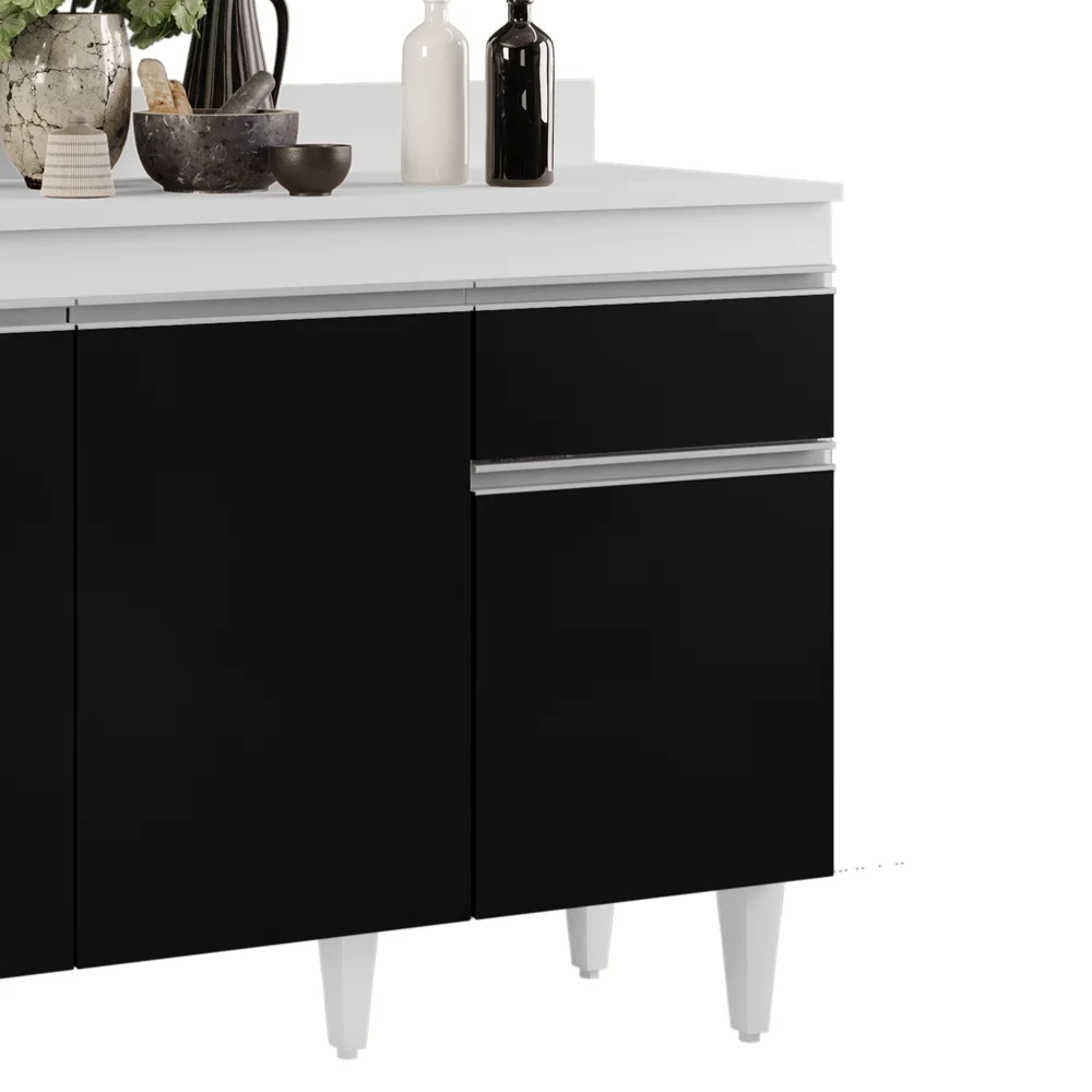 Balcão Gabinete 120cm Com Tampo 3 Portas 1 Gaveta Arizona Branco/Preto - Lumil Móveis