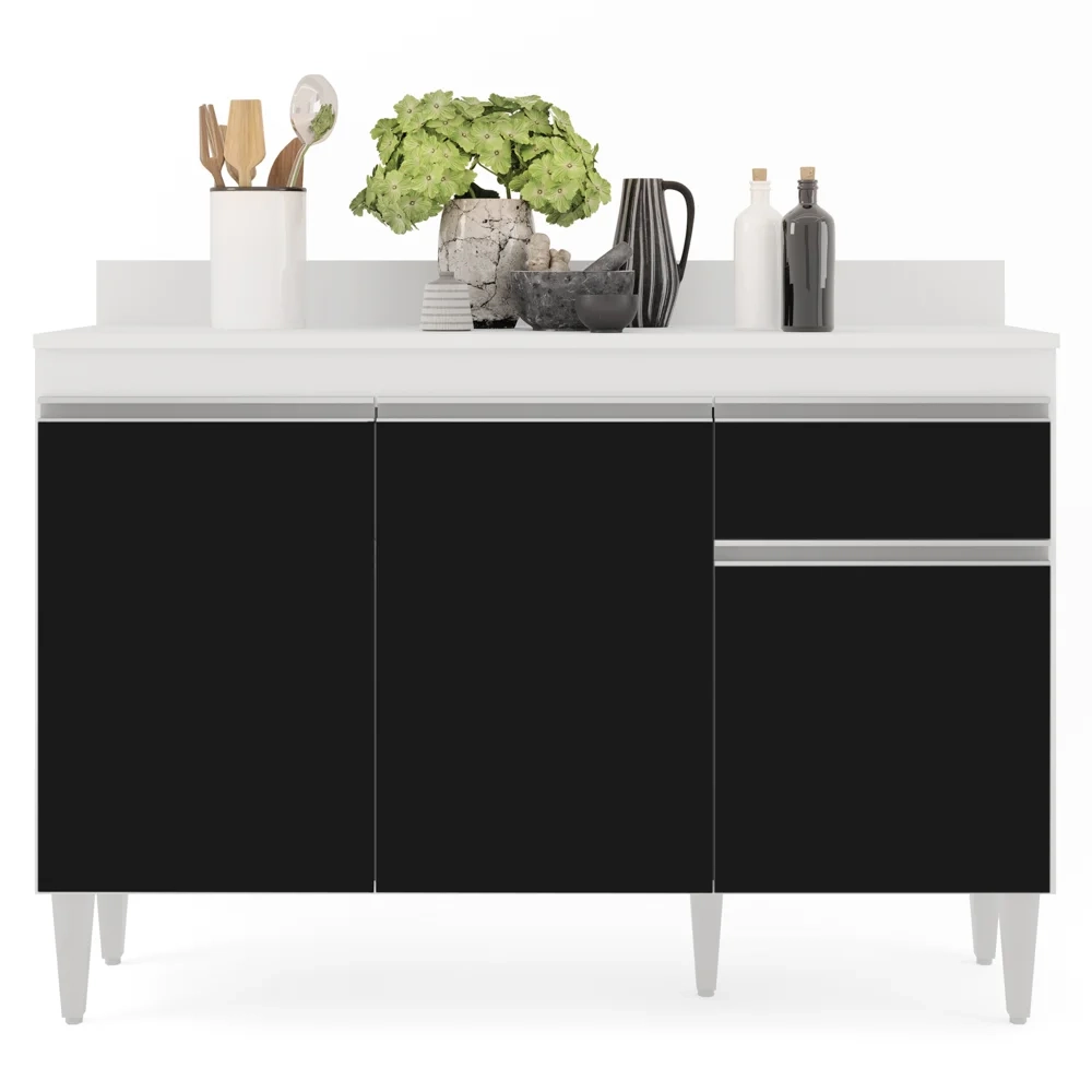 Balcão Gabinete 120cm Com Tampo 3 Portas 1 Gaveta Arizona Branco/Preto - Lumil Móveis