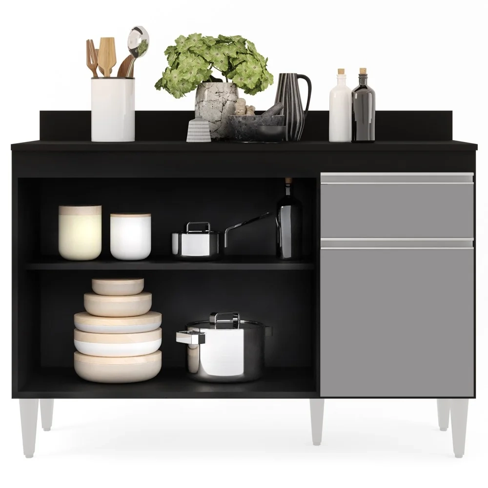 Balcão Gabinete 120cm Com Tampo 3 Portas 1 Gaveta Arizona Preto/Cinza - Lumil Móveis