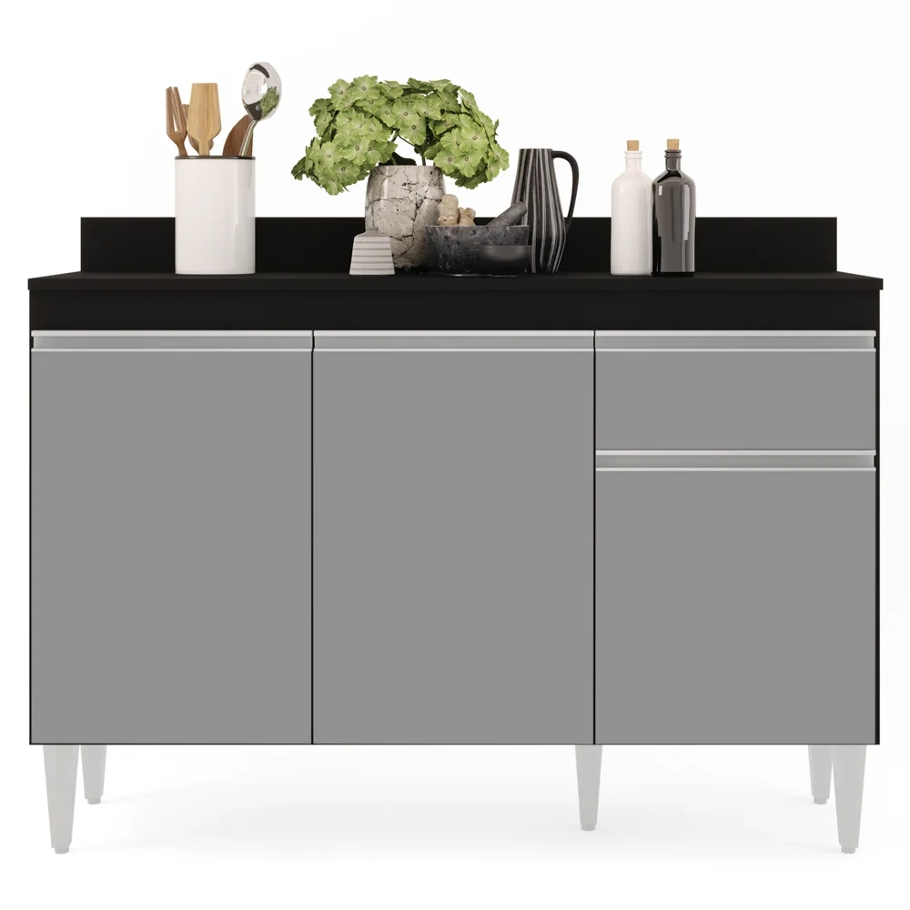 Balcão Gabinete 120cm Com Tampo 3 Portas 1 Gaveta Arizona Preto/Cinza - Lumil Móveis
