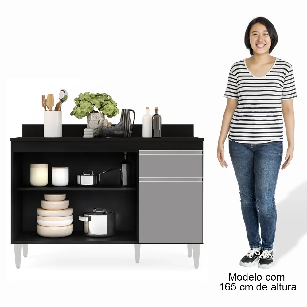 Balcão Gabinete 120cm Com Tampo 3 Portas 1 Gaveta Arizona Preto/Cinza - Lumil Móveis