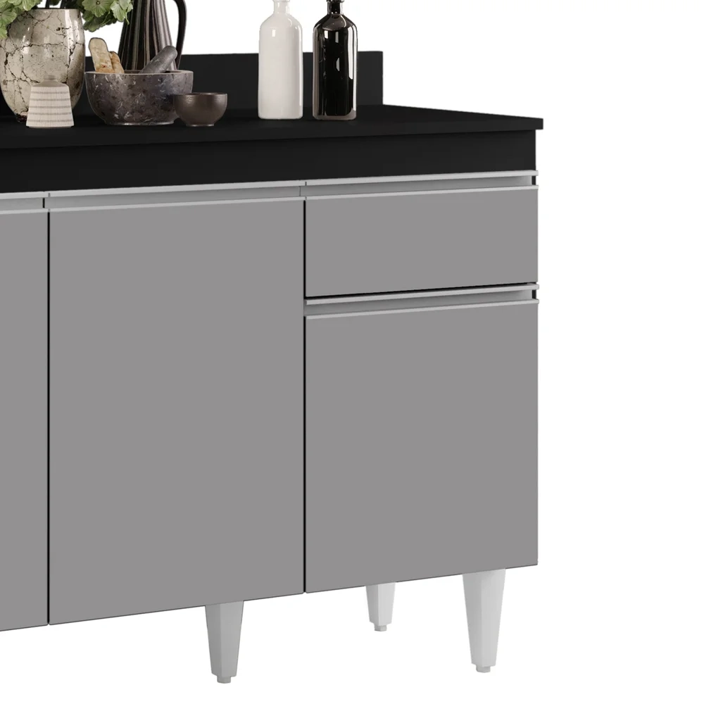 Balcão Gabinete 120cm Com Tampo 3 Portas 1 Gaveta Arizona Preto/Cinza - Lumil Móveis
