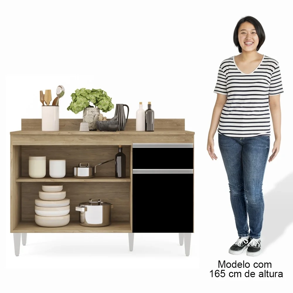 Balcão Gabinete 120cm Com Tampo 3 Portas 1 Gaveta Arizona Castanho/Preto - Lumil Móveis