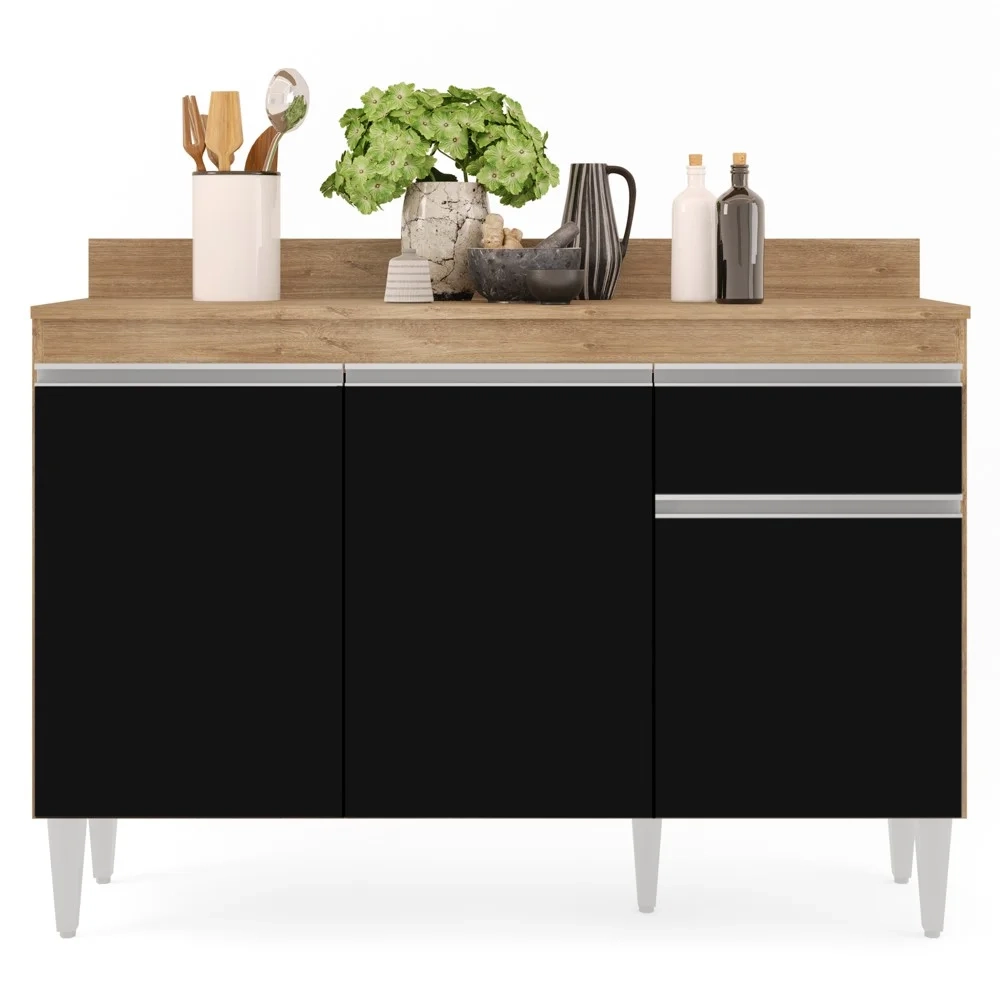 Balcão Gabinete 120cm Com Tampo 3 Portas 1 Gaveta Arizona Castanho/Preto - Lumil Móveis