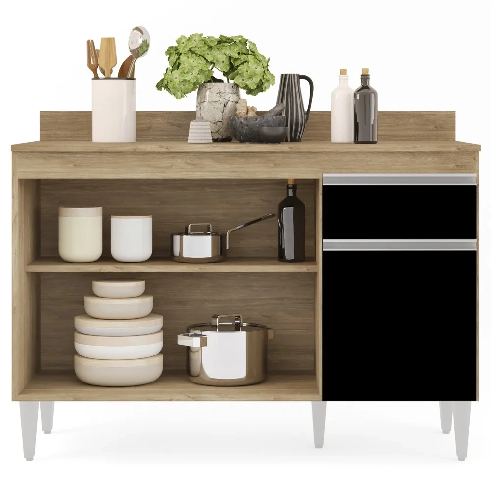 Balcão Gabinete 120cm Com Tampo 3 Portas 1 Gaveta Arizona Castanho/Preto - Lumil Móveis