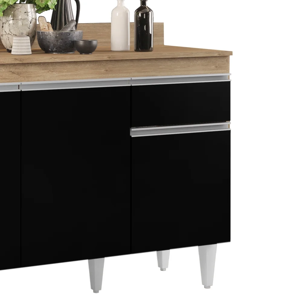 Balcão Gabinete 120cm Com Tampo 3 Portas 1 Gaveta Arizona Castanho/Preto - Lumil Móveis