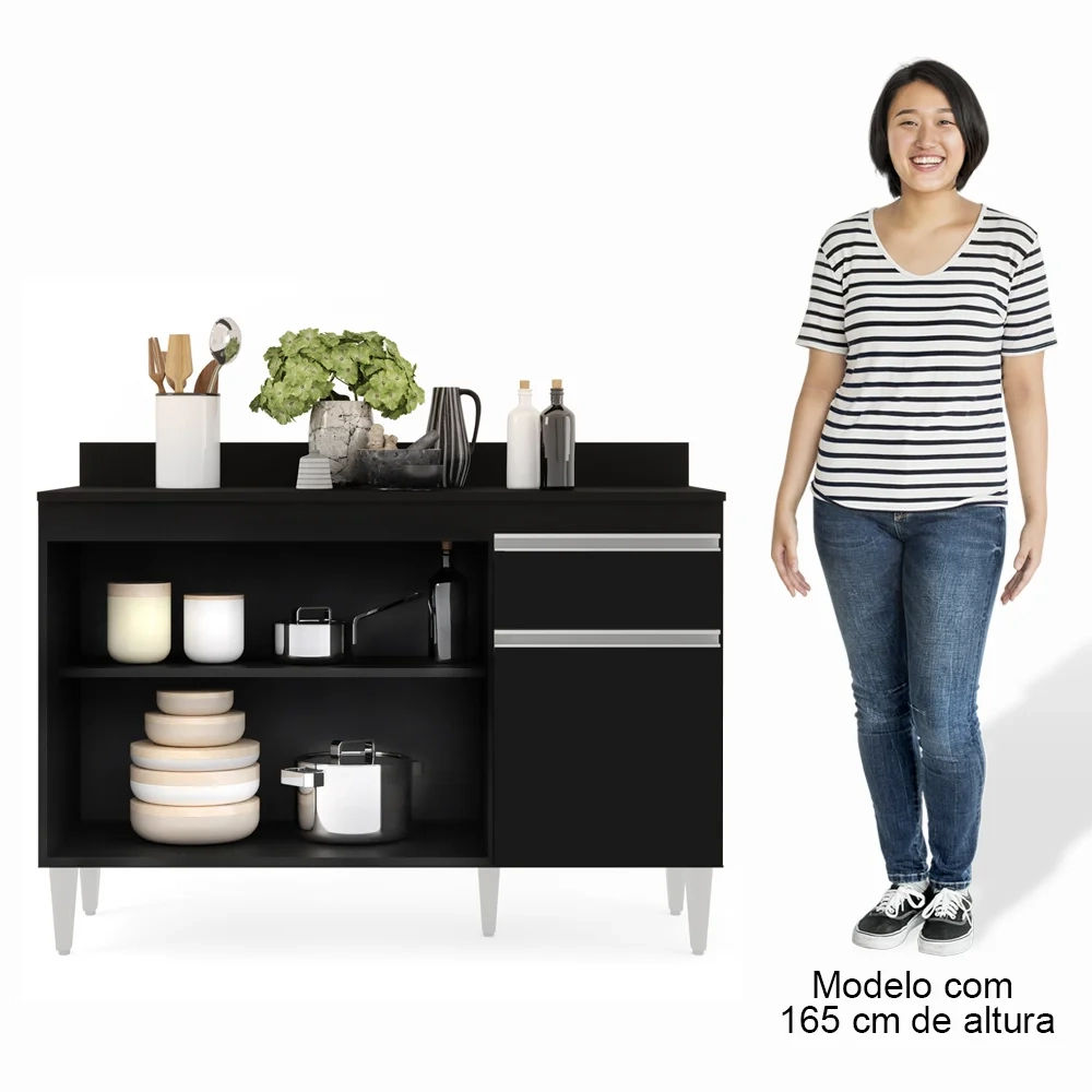 Balcão Gabinete 120cm Com Tampo 3 Portas 1 Gaveta Arizona Preto - Lumil Móveis